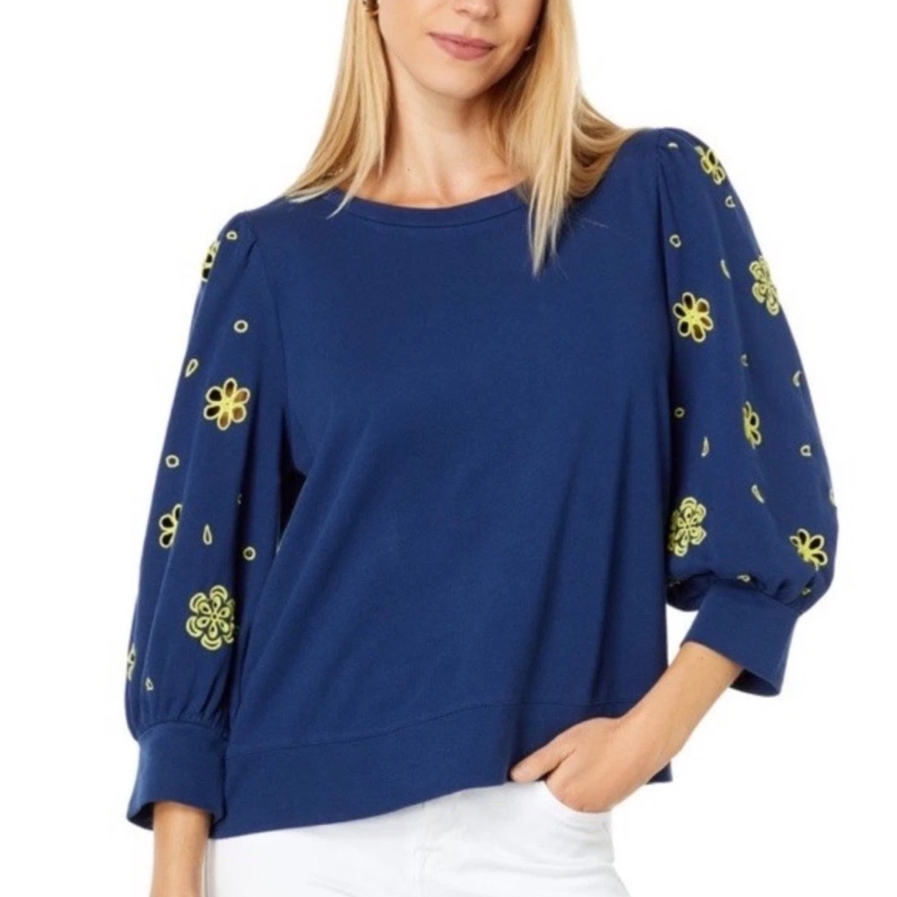 Lilly Pulitzer Cordon Navy Blue Floral Embroidered 3/4 Puff Sleeve Top Sz XL